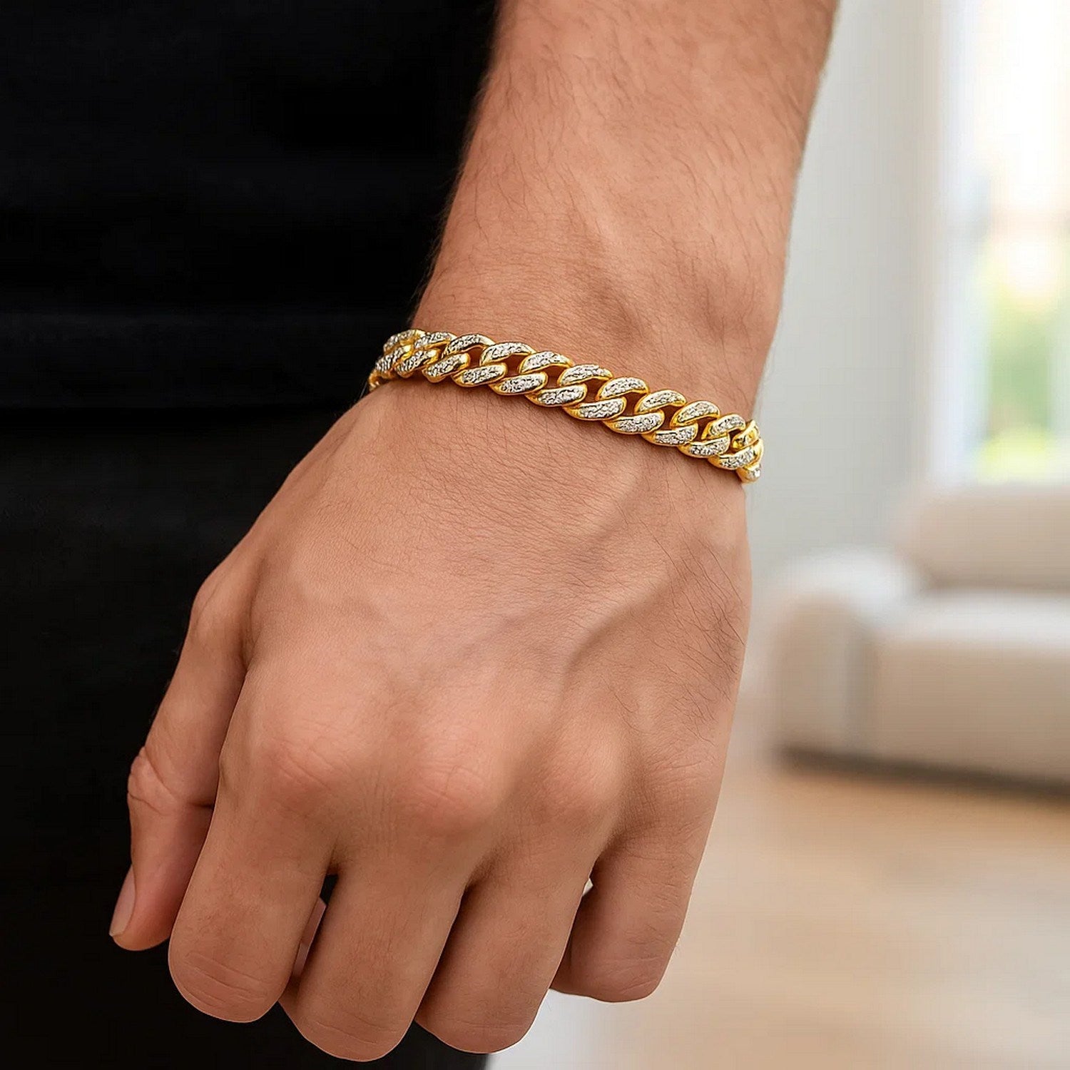 14k Yellow Gold White Pave High Polish Modern Lite Miami Cuban Bracelet(6.50 mm)