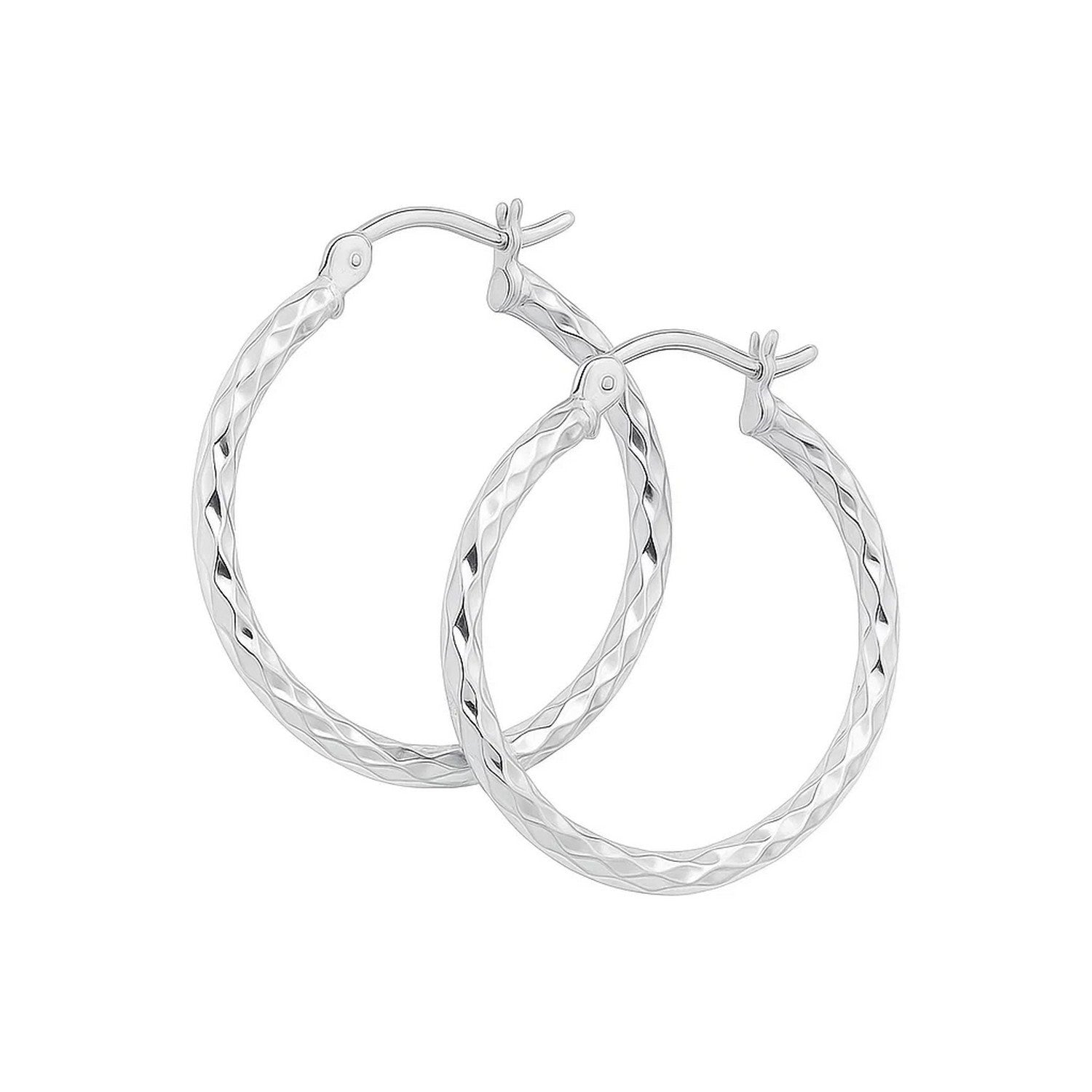 14k White Gold Diamond Cut Hoop Earrings  (2x25mm)