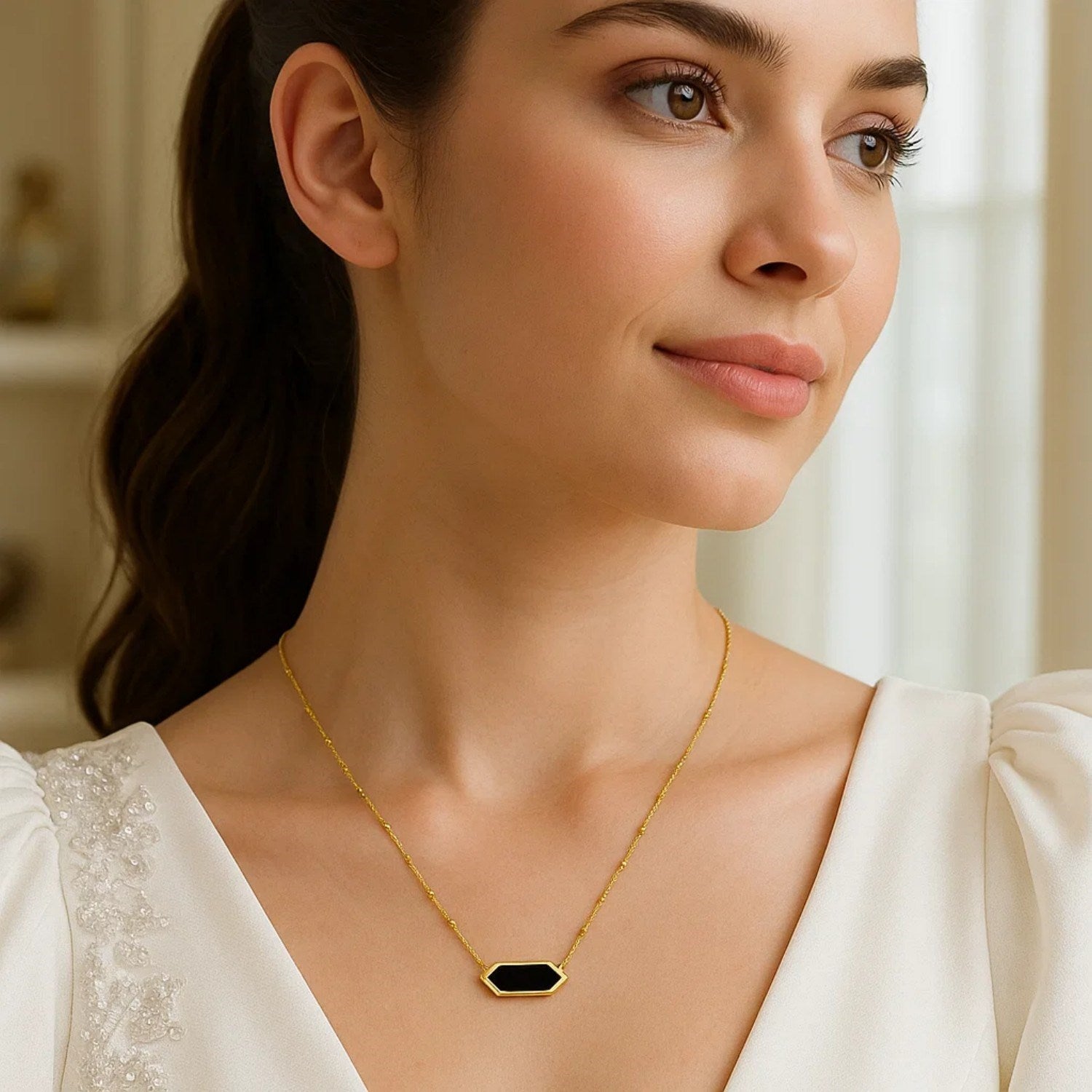 14K Yellow Gold Hexagon Onyx Pendant Necklace