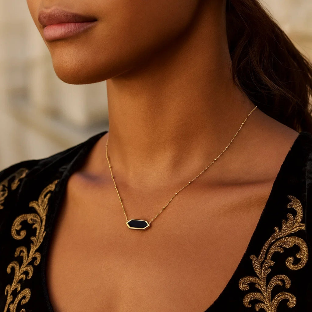 14K Yellow Gold Hexagon Onyx Pendant Necklace
