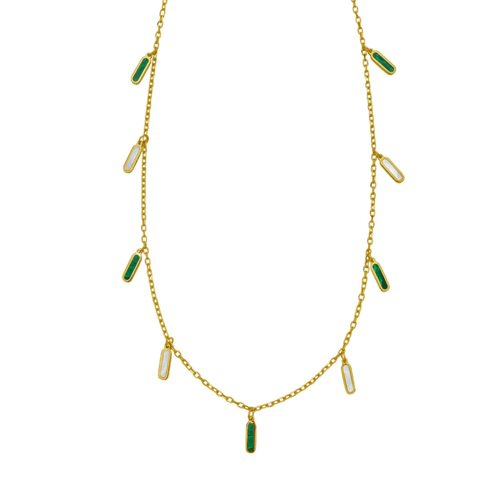 14K Yellow Gold Malachite And MOP Inlay Station Necklace