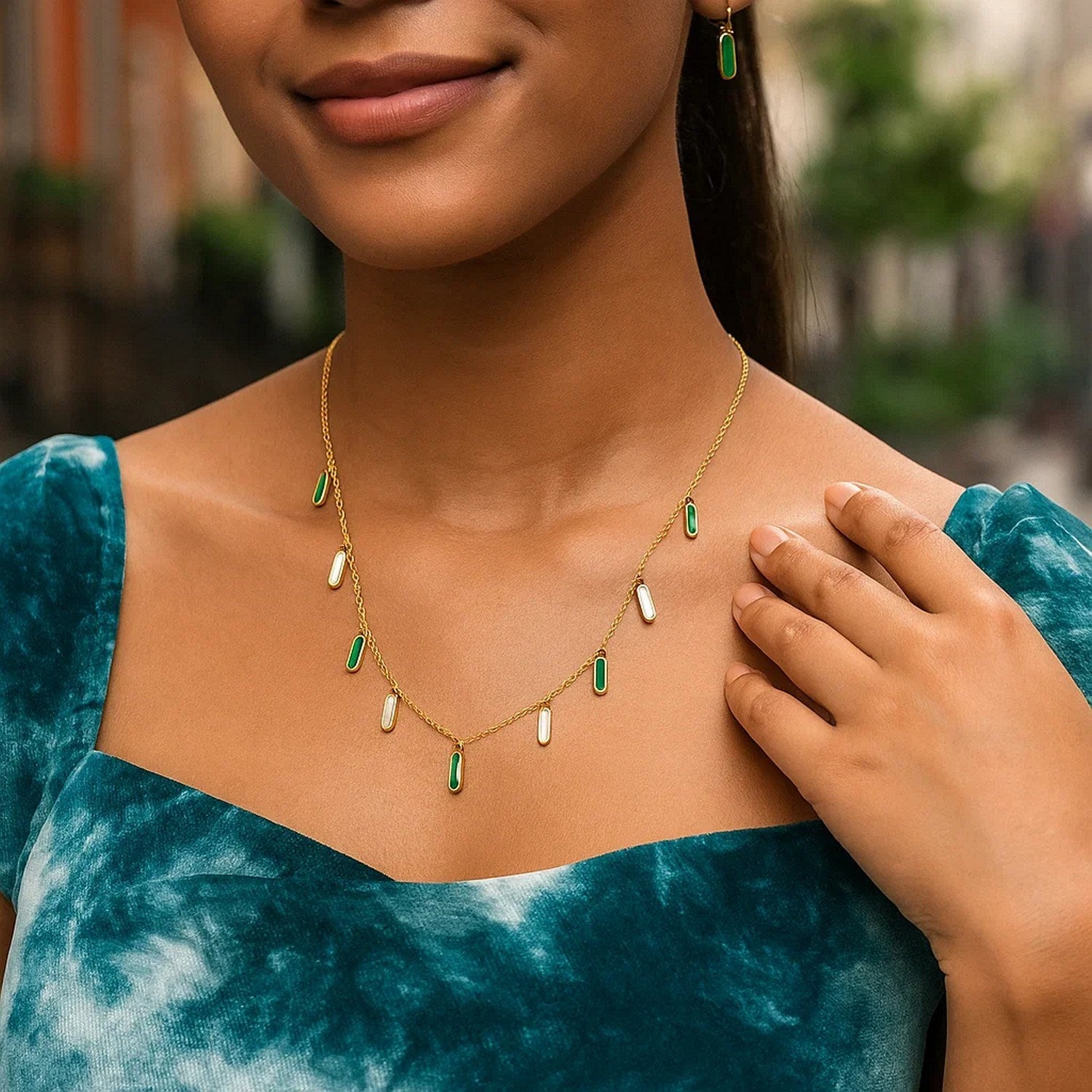 14K Yellow Gold Malachite And MOP Inlay Station Necklace