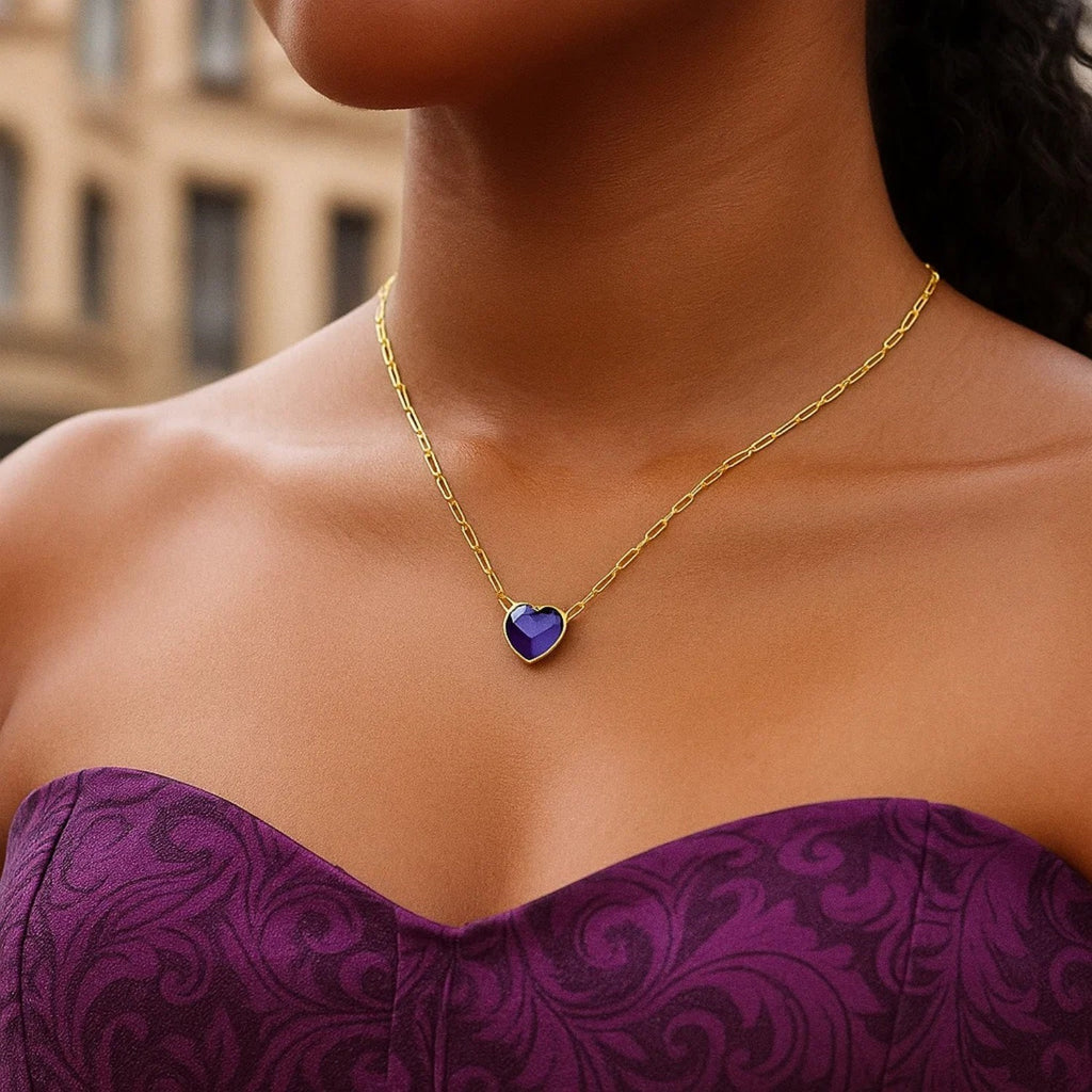 14K Yellow Gold Amethyst Heart Necklace (1.50 mm)
