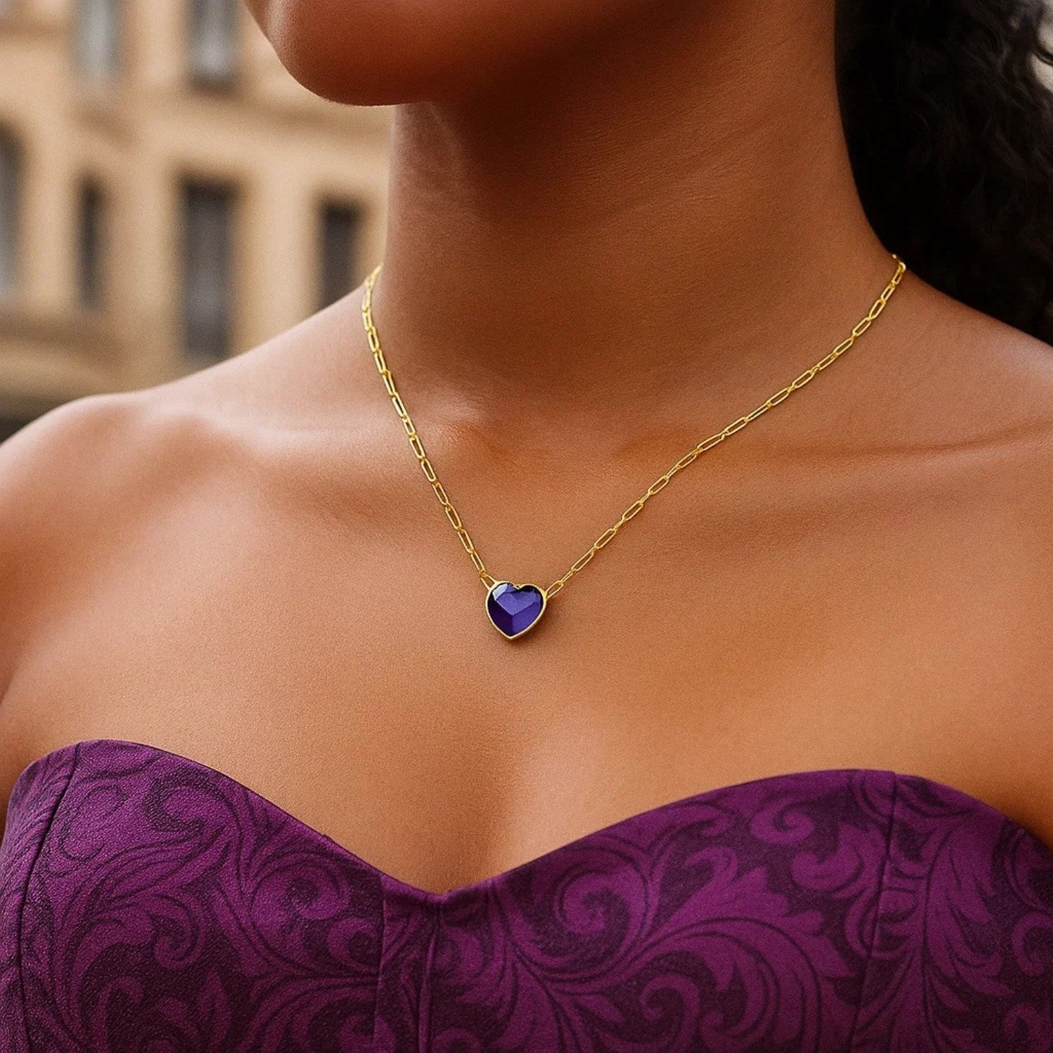 14K Yellow Gold Amethyst Heart Necklace (1.50 mm)