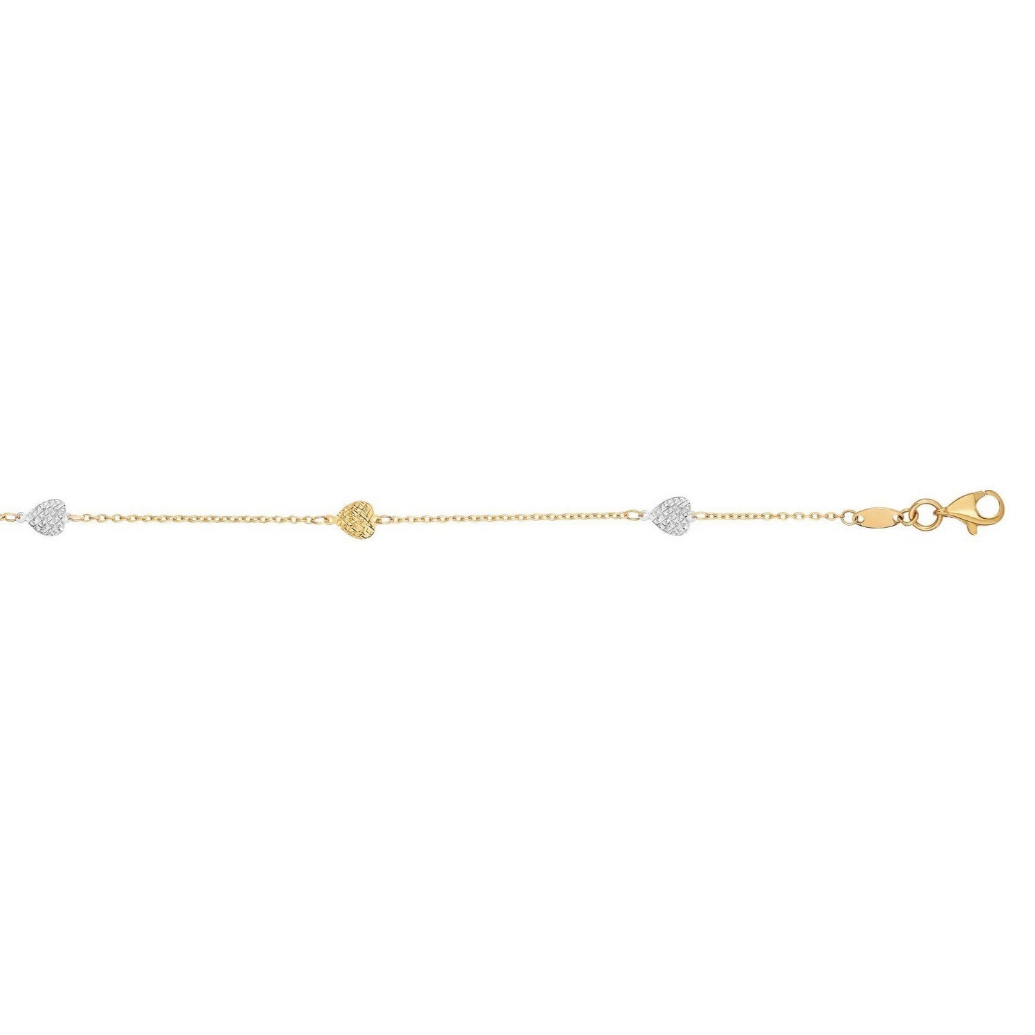 14k Two-Toned Yellow and White Gold Anklet with Textured Hearts