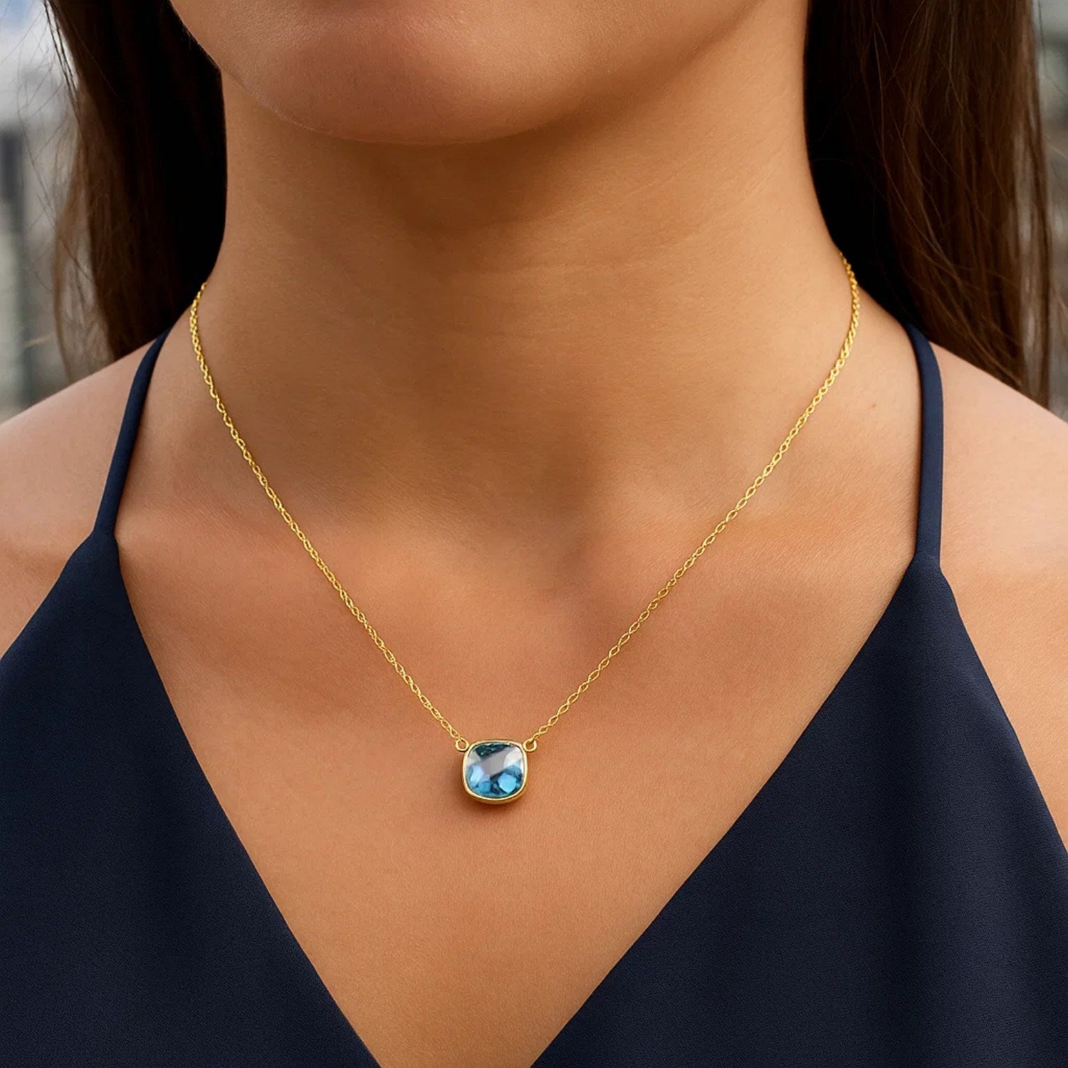 14k Yellow Gold 17 inch Necklace with Cushion Blue Topaz