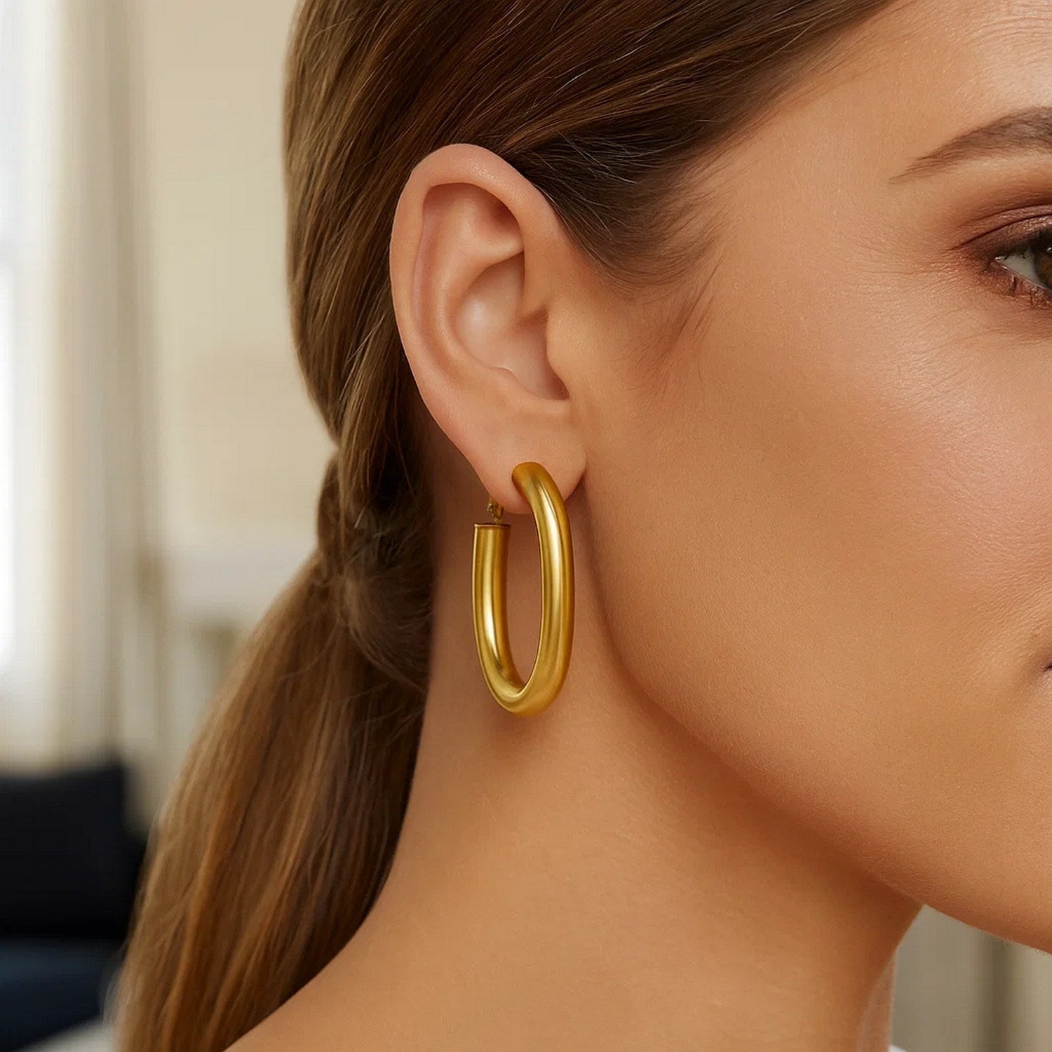 14K Yellow Gold Oval Omega Hoops