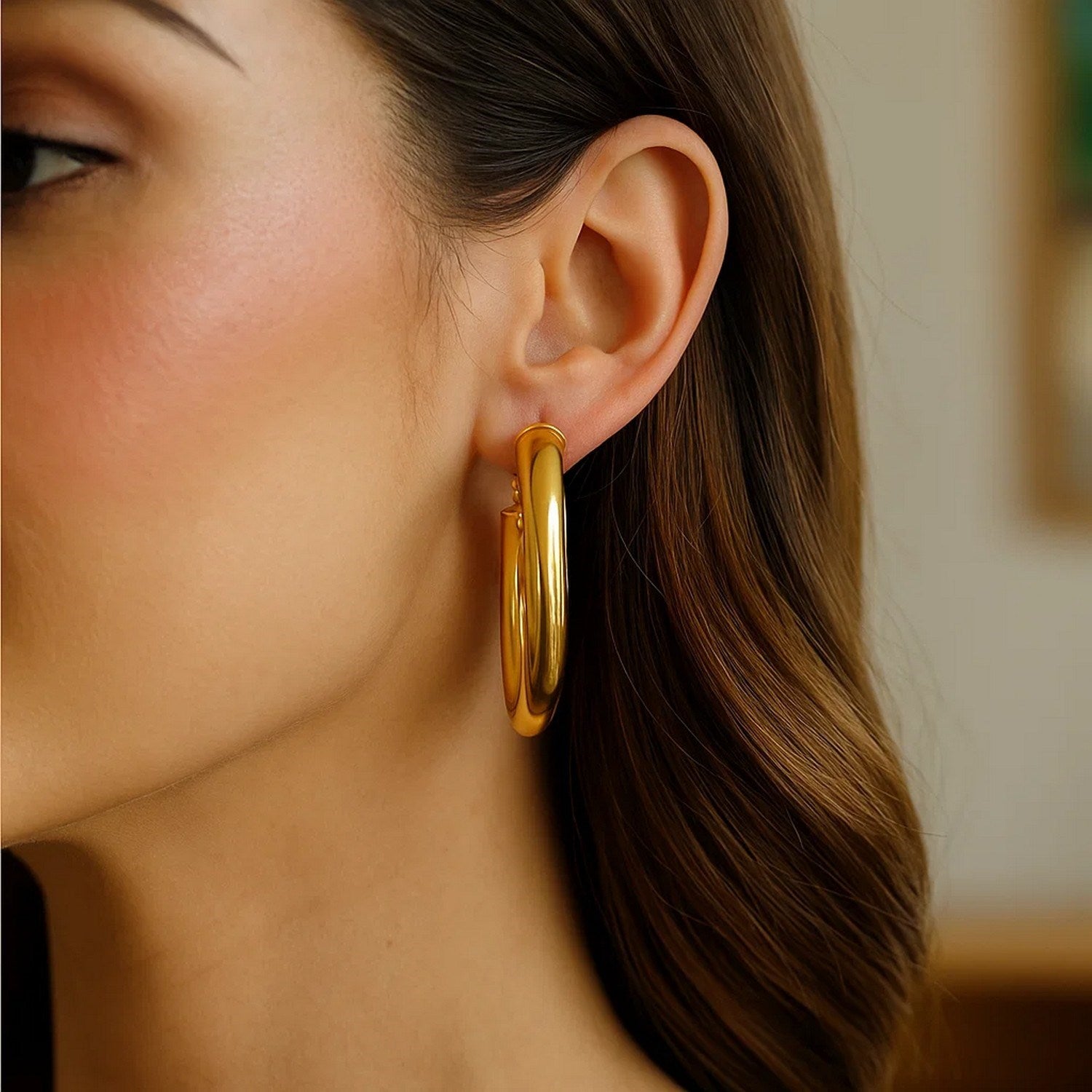 14K Yellow Gold Oval Omega Hoops