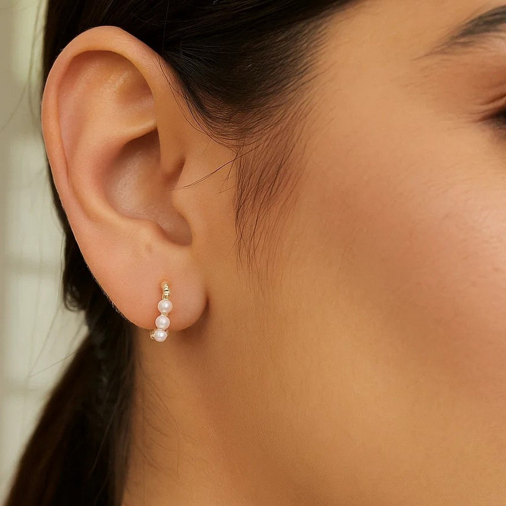 14k Yellow Gold Pearl Huggie Earrings