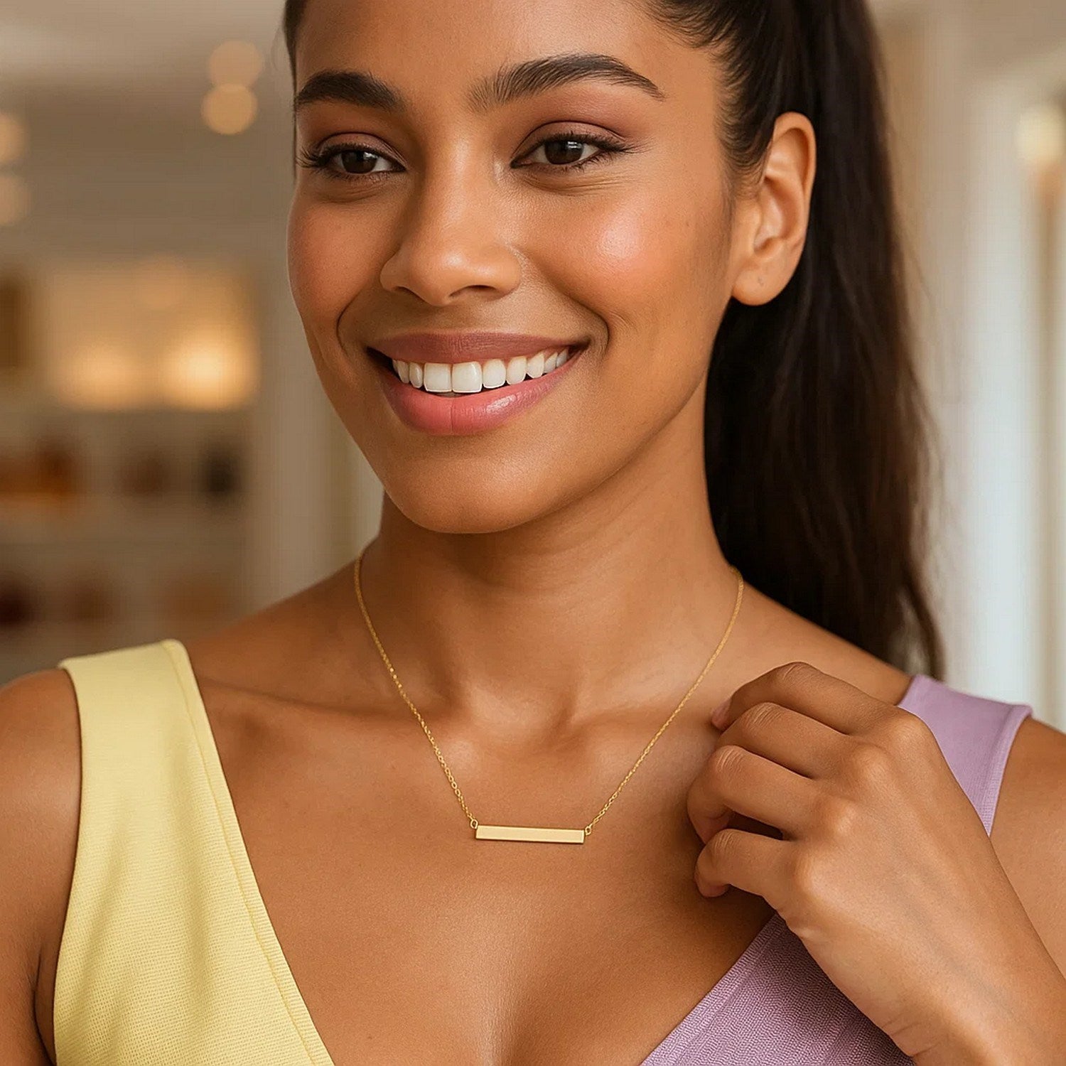 14k Yellow Gold Chain Necklace with a Shiny Flat Bar