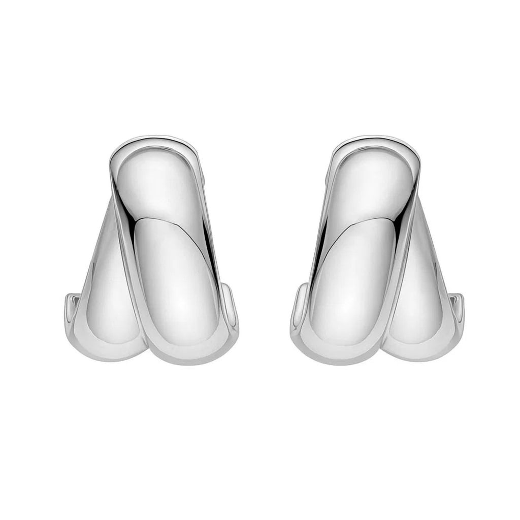 Sterling Silver Puffed Double Row Crossover C Hoop Earrings