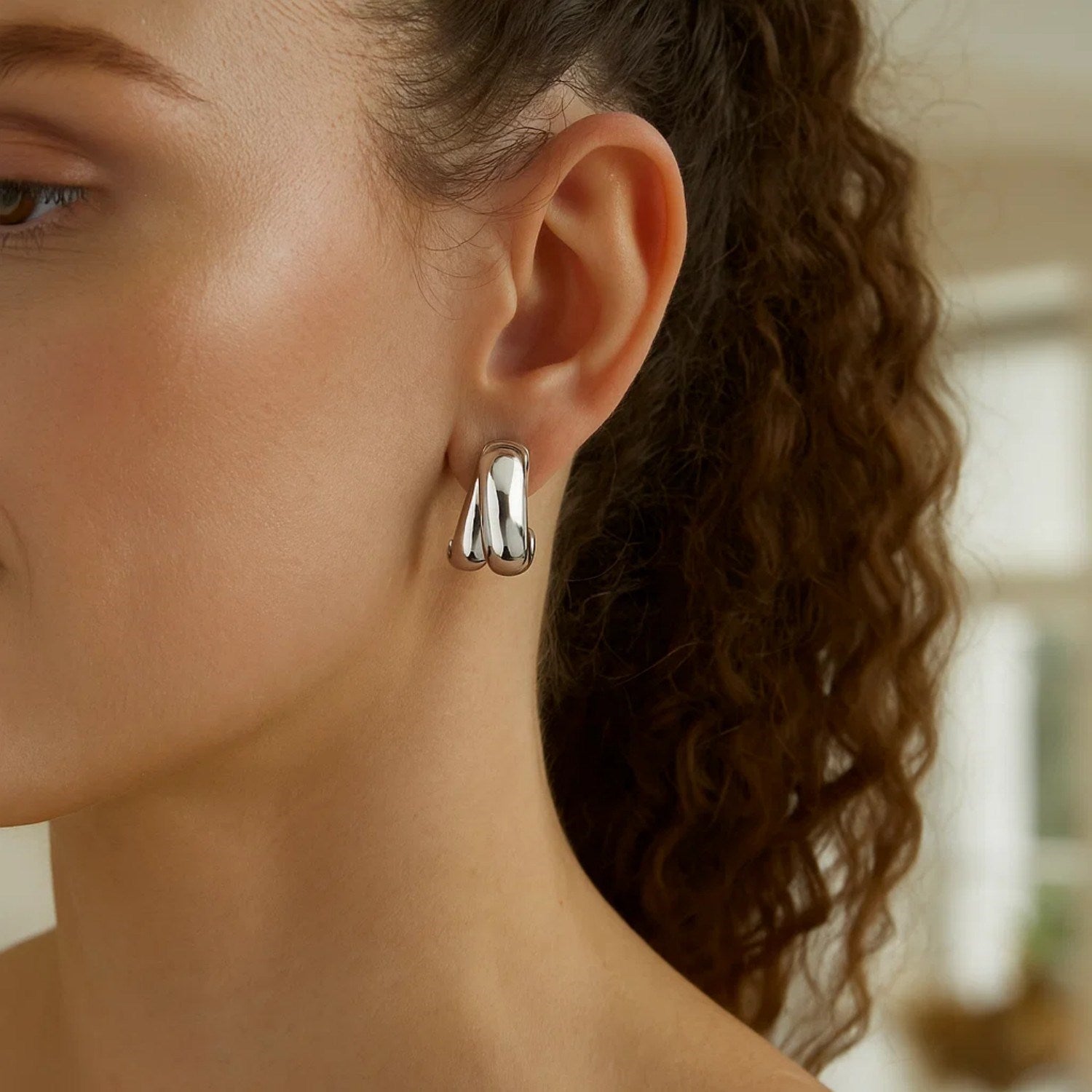 Sterling Silver Puffed Double Row Crossover C Hoop Earrings