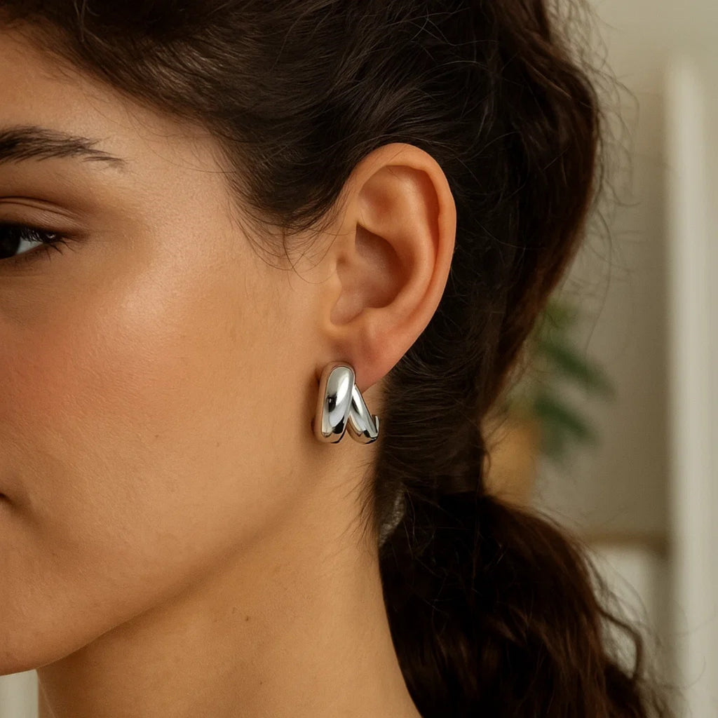 Sterling Silver Puffed Double Row Crossover C Hoop Earrings