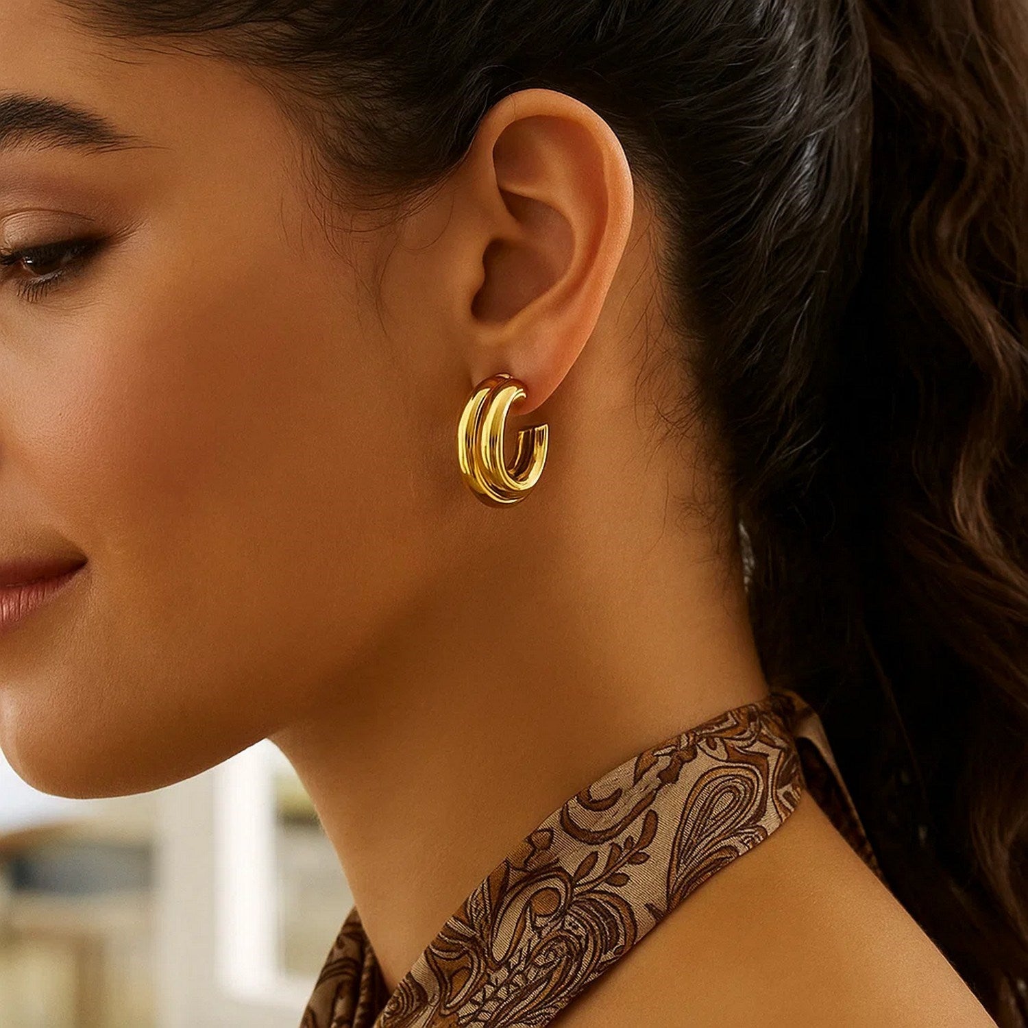 Sterling Silver Yellow Gold Plated Double Row Big and Small Round Hoop Earrings