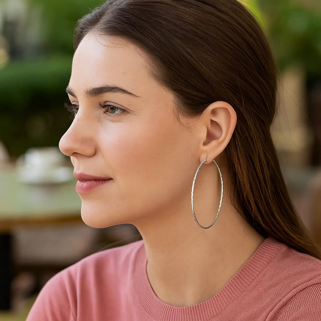 Sterling Silver Large Textured Round Hoop Earrings(1.6x70mm)