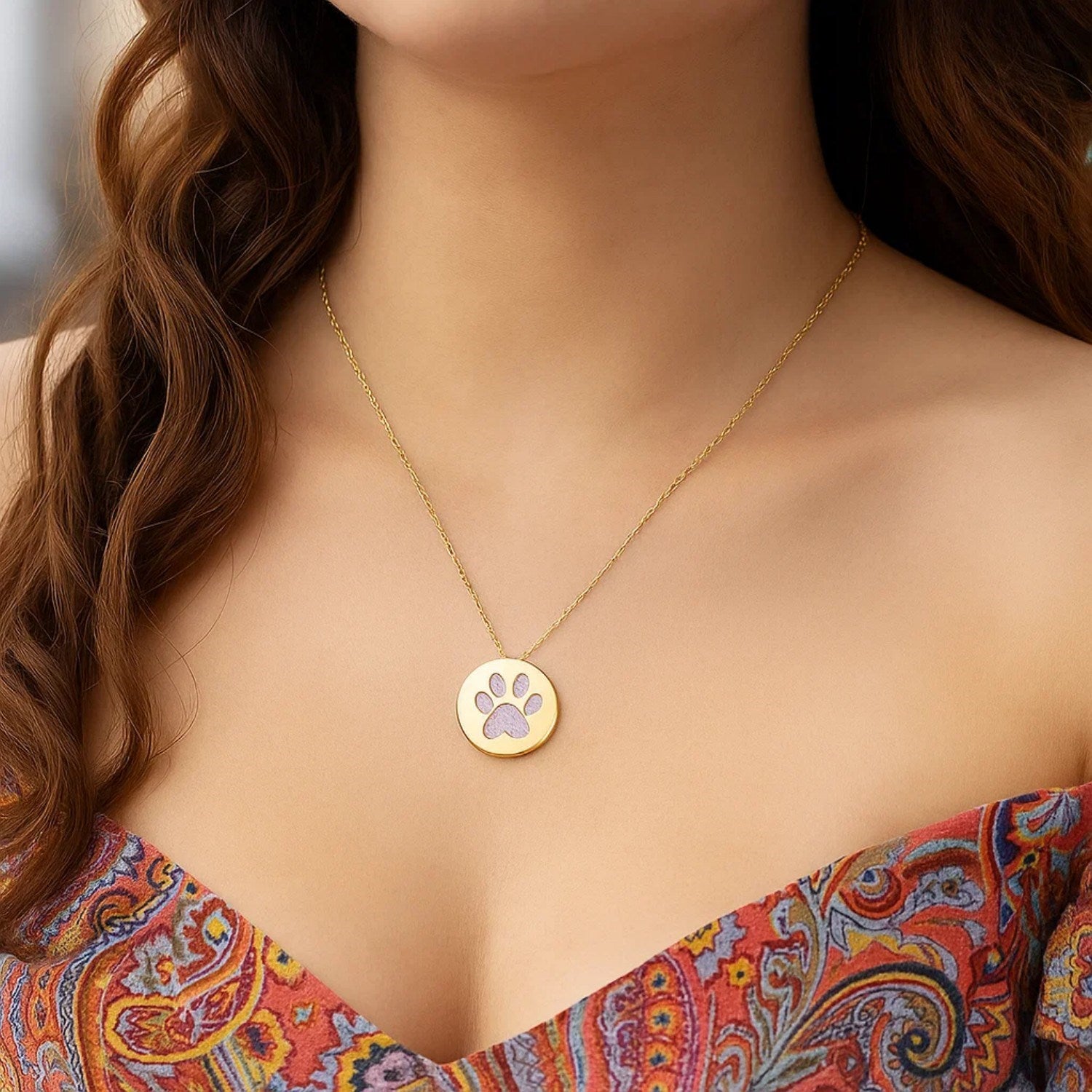 14k Yellow Gold Necklace with Dog Paw Print Symbol in Mother of Pearl