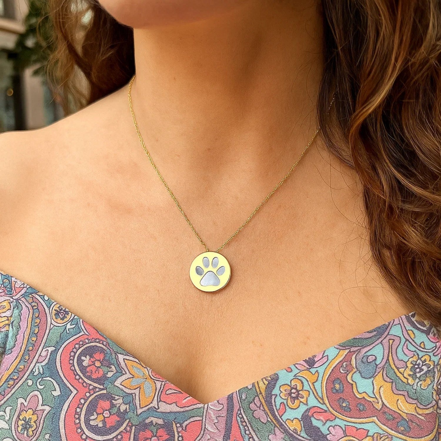 14k Yellow Gold Necklace with Dog Paw Print Symbol in Mother of Pearl