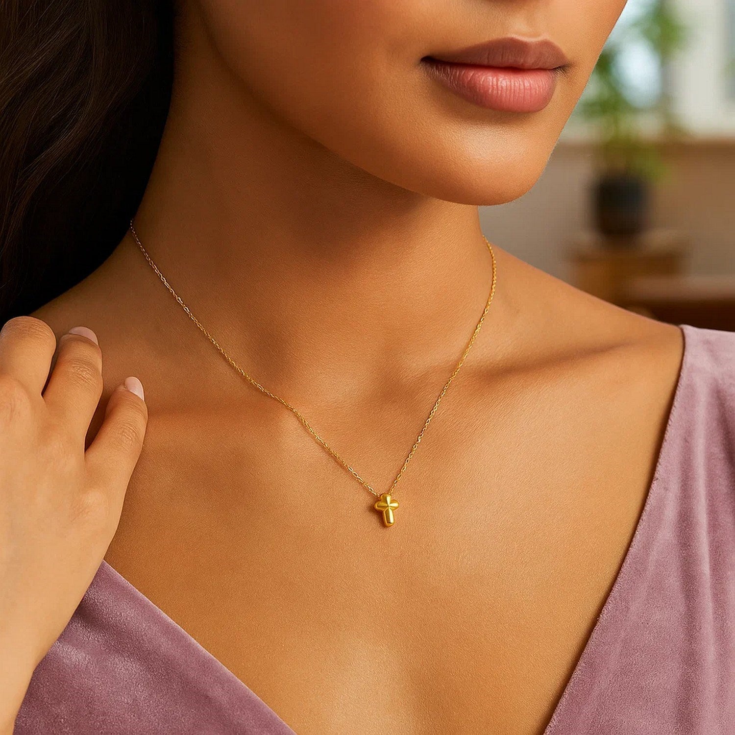 14K Yellow Gold Puffed Mini Cross Pendant Necklace