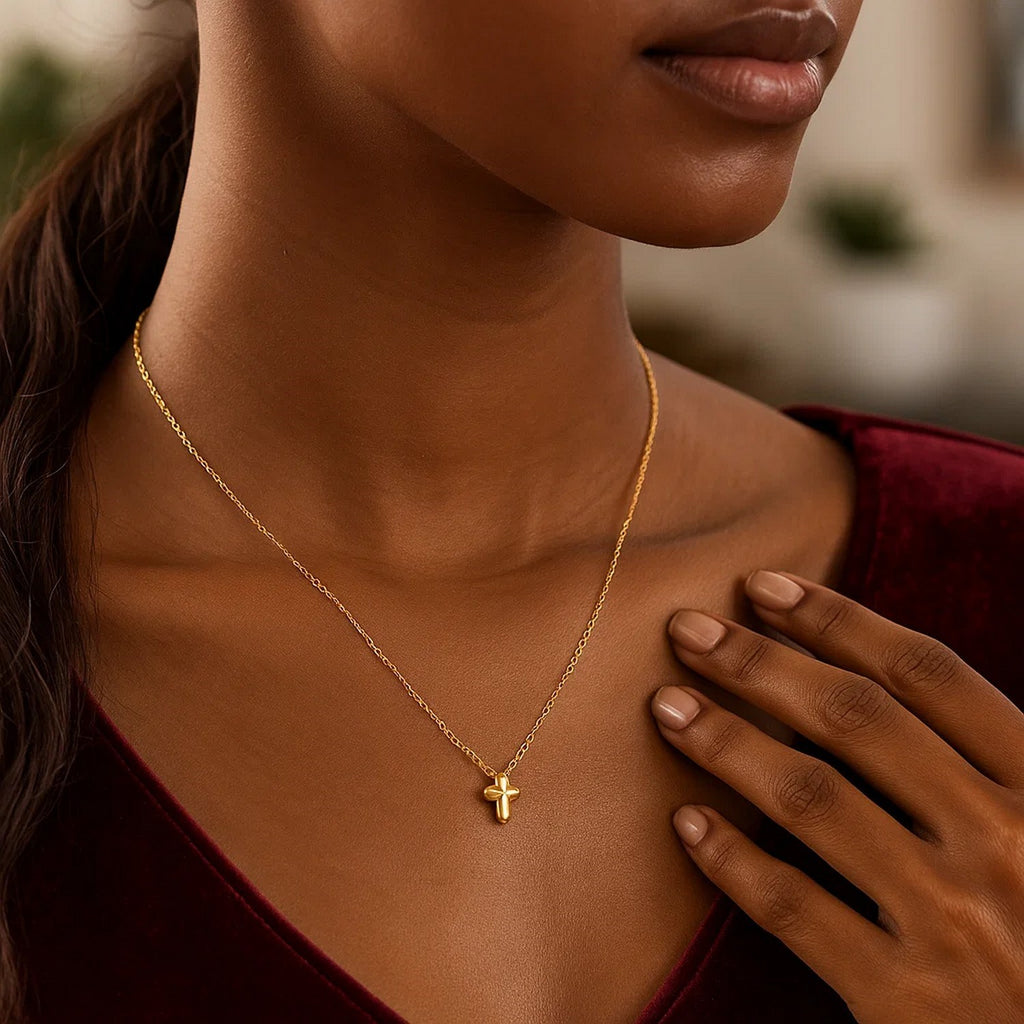 14K Yellow Gold Puffed Mini Cross Pendant Necklace