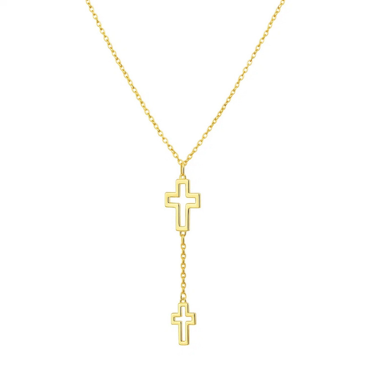 Double Cross Drop Necklace in 14K Yellow Gold