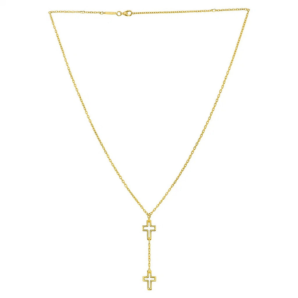 Double Cross Drop Necklace in 14K Yellow Gold