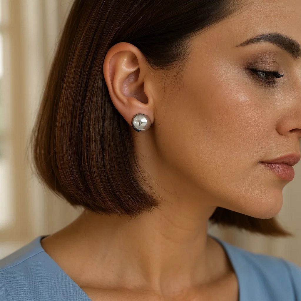 Sterling Silver Rhodium Plated Puffed Button Omega Earrings