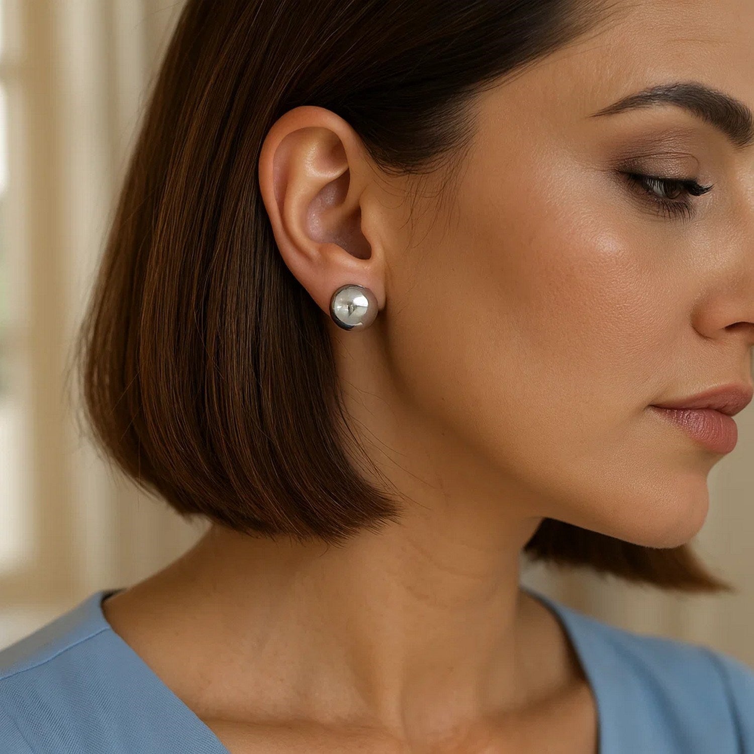 Sterling Silver Rhodium Plated Puffed Button Omega Earrings