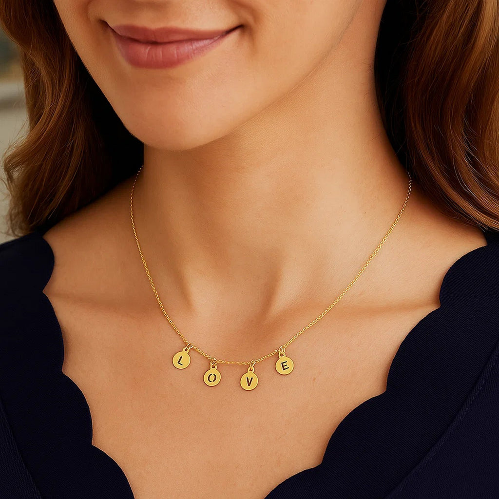 14k Yellow Gold Love Necklace with Circle Drops
