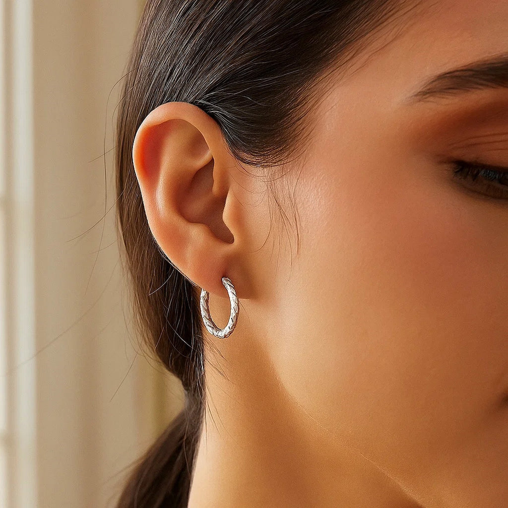 Sterling Silver Faceted Design Hoop Earrings with Rhodium Plating(2x15mm)