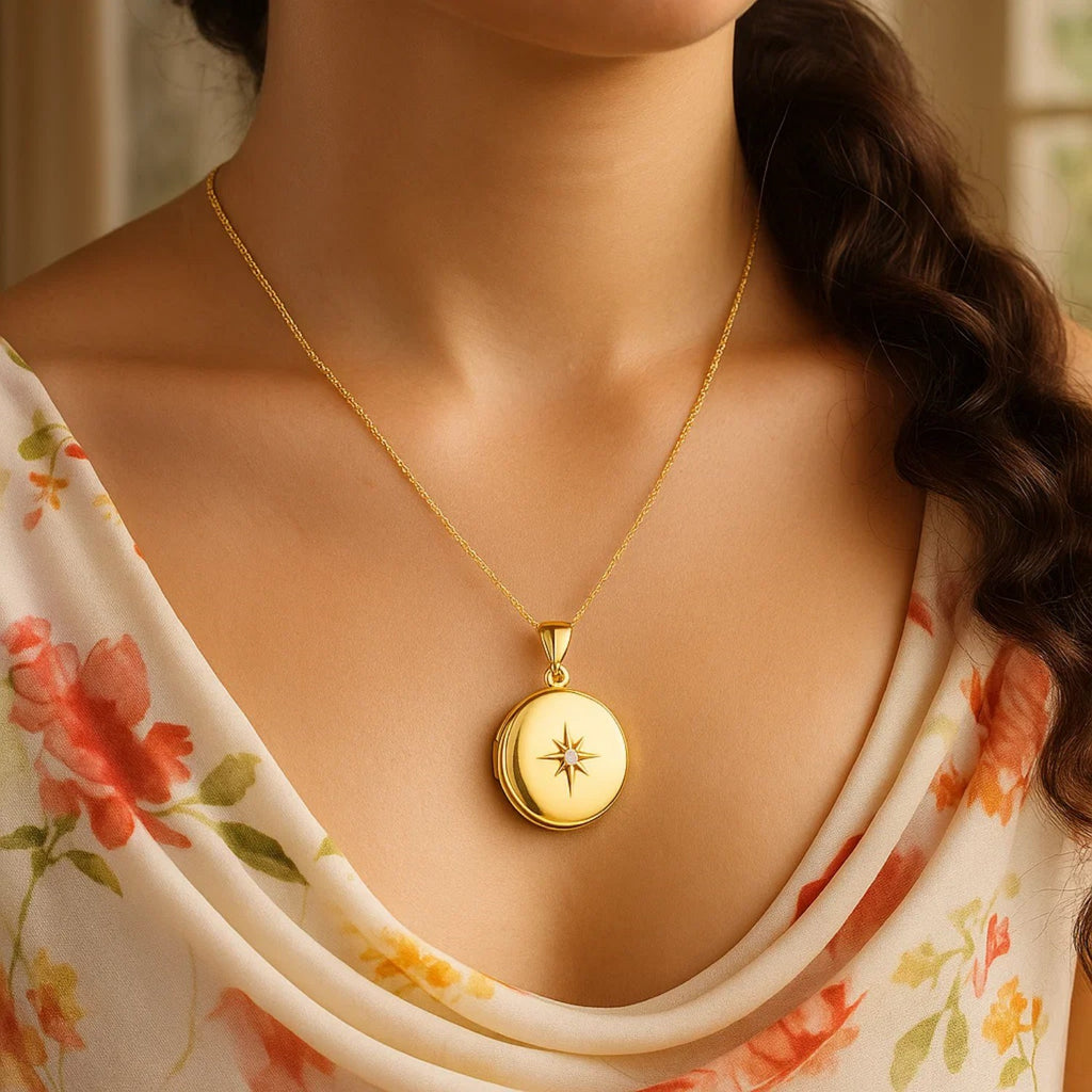 14k Yellow Gold Round North Star Locket Necklace