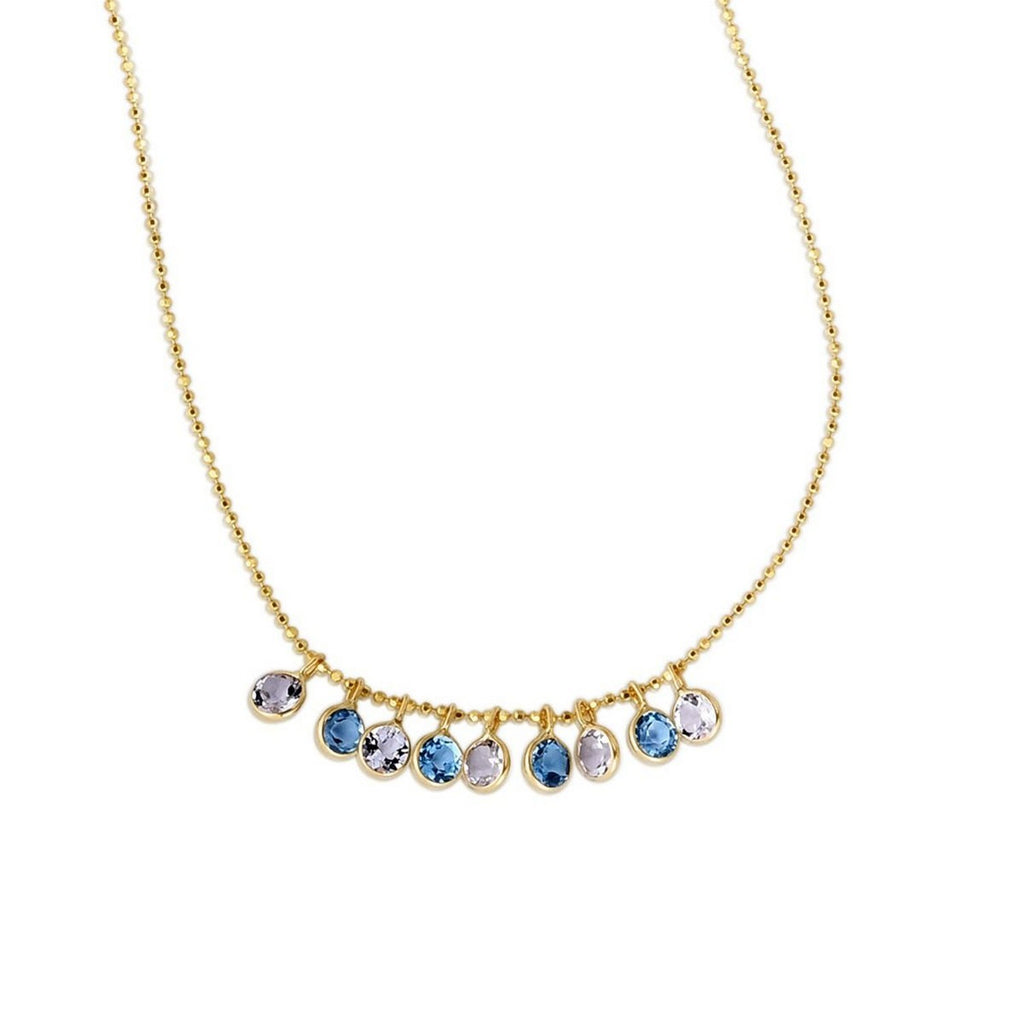 14K Yellow Gold Blue And White Topaz Dancing Drop Necklace