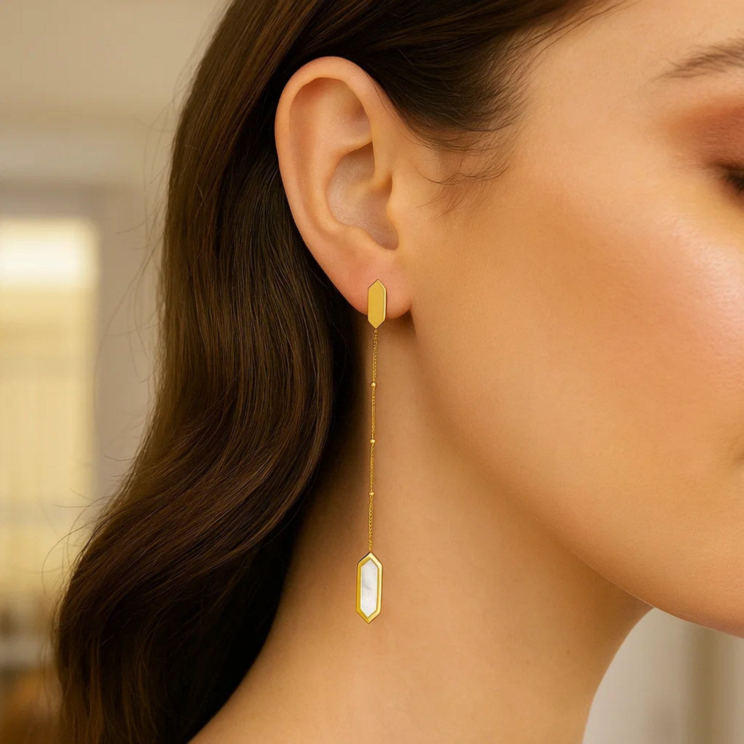 14K Yellow Gold Hexagon Mother of Pearl Drop Earrings