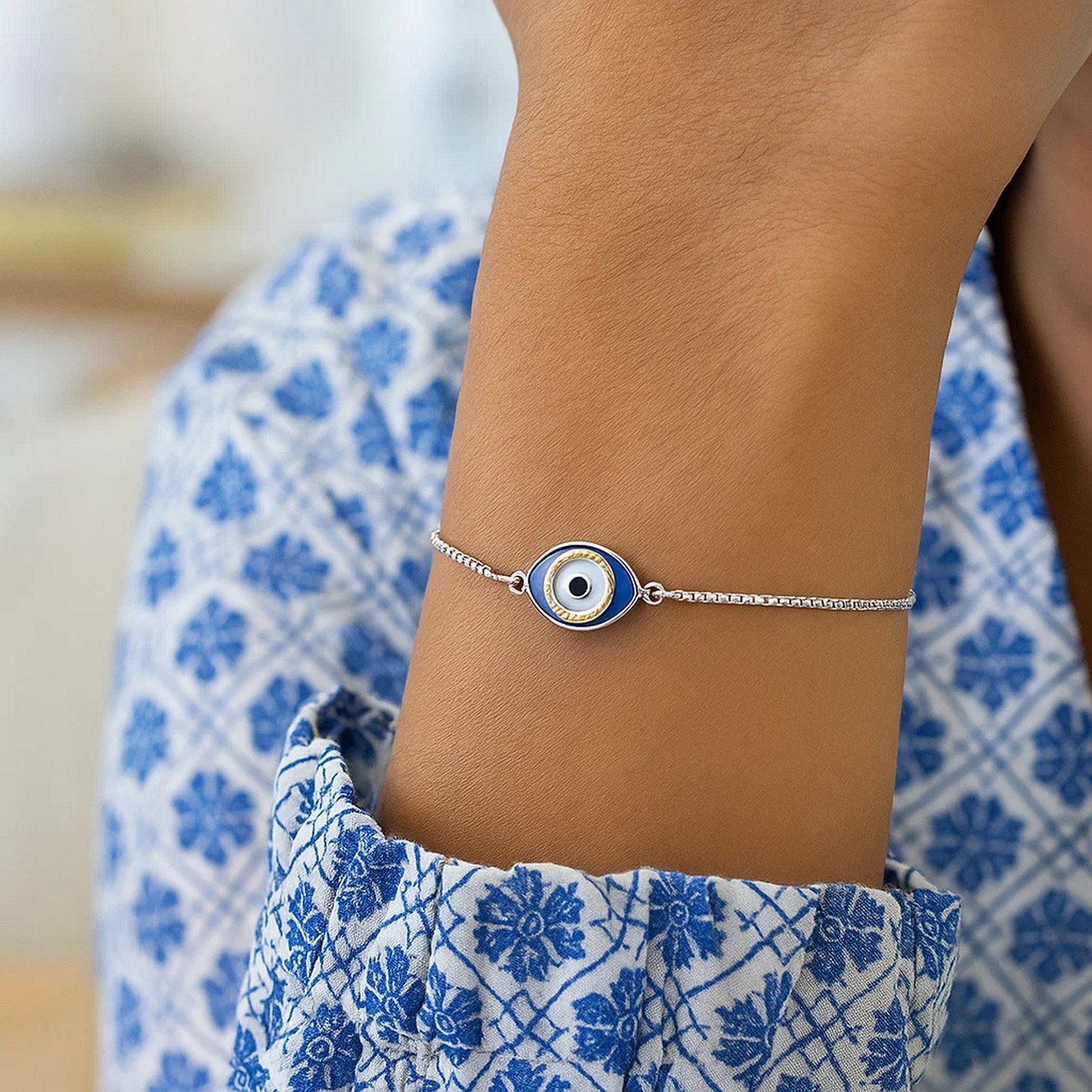Sterling Silver Adjustable Two Toned Enameled Evil Eye Friendship Bracelet
