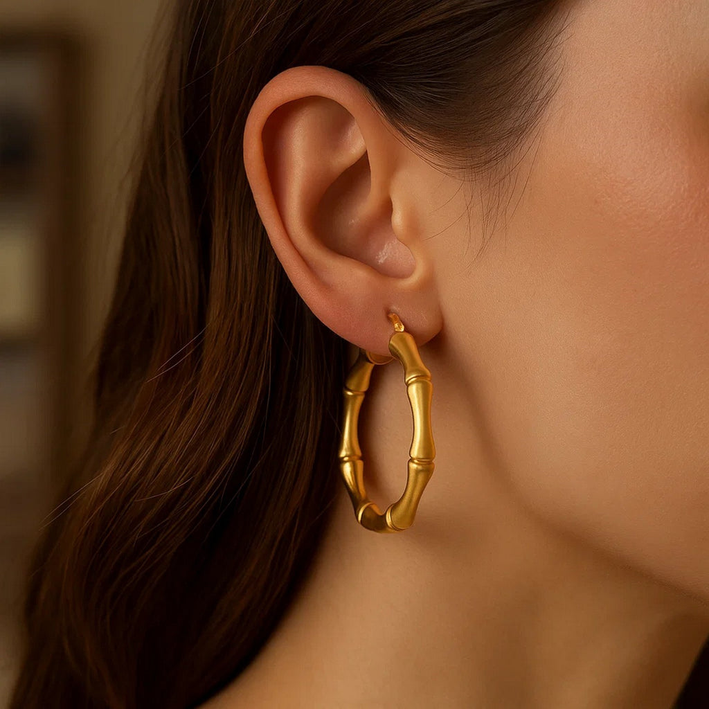 14k Yellow Gold Large Bamboo Hoops