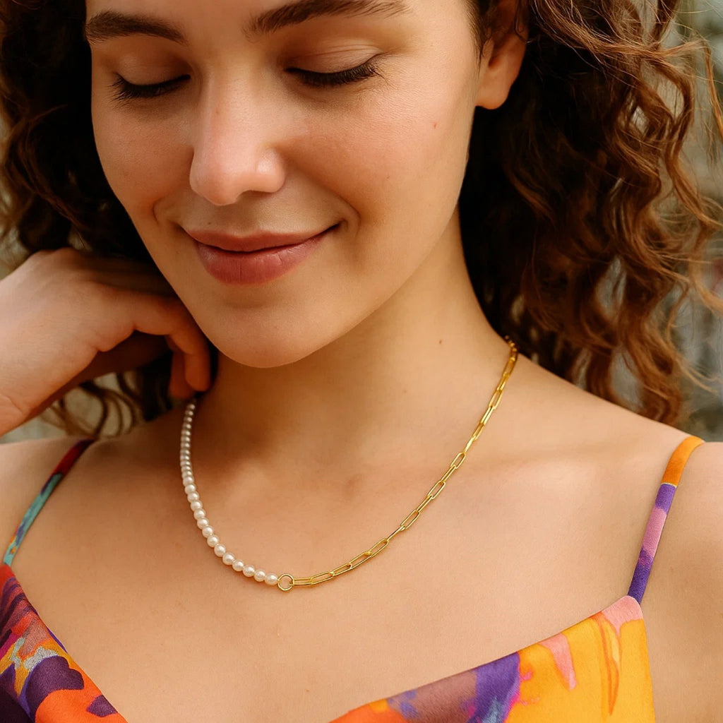 5mm Pearl and Lite Paperclip Necklace in 14K Yellow Gold