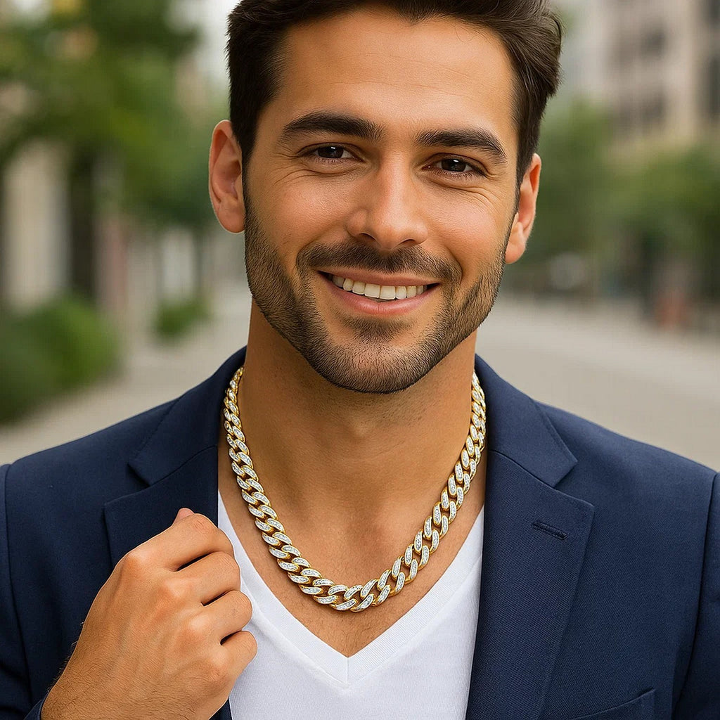 14k Two Tone Gold Miami Cuban Chain Necklace with White Pave