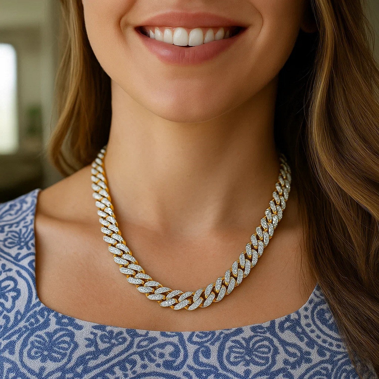 14k Two Tone Gold Miami Cuban Chain Necklace with White Pave