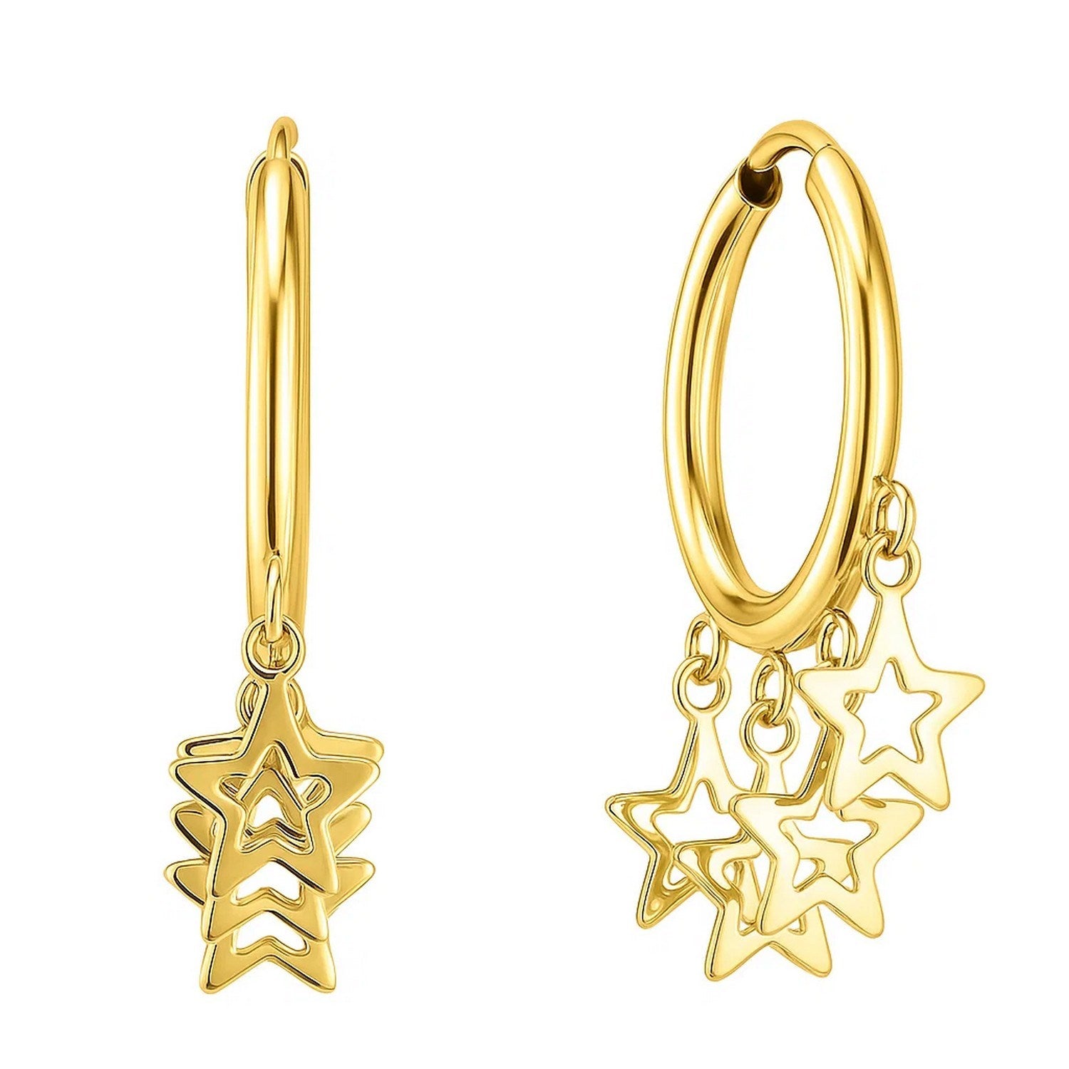 14K Yellow Gold Endless Star Charm Huggie Hoop Earrings