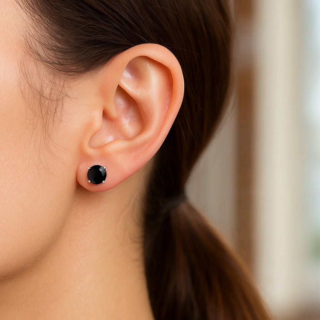 14k White Gold Stud Earrings with Black Faceted Cubic Zirconia(5mm)