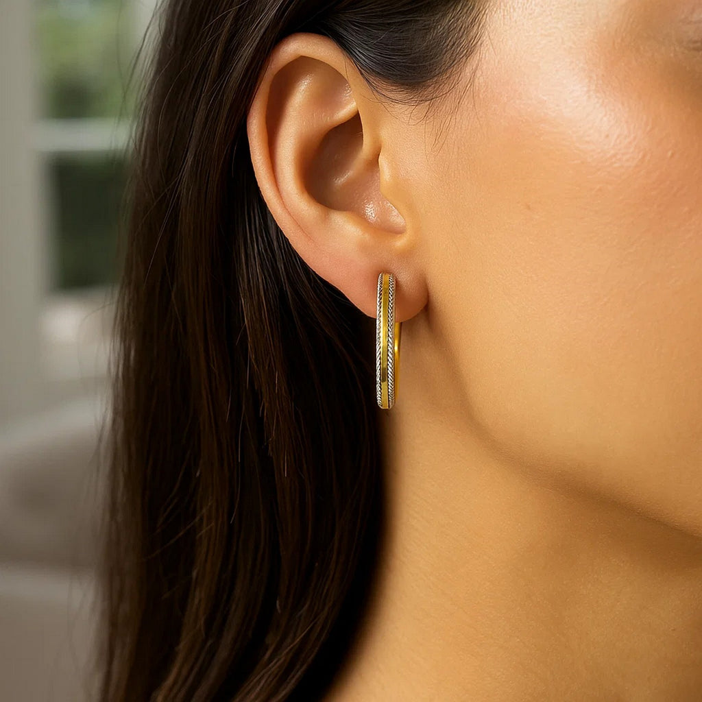 14K Two Tone Gold Diamond Cut Round Hoop Earrings