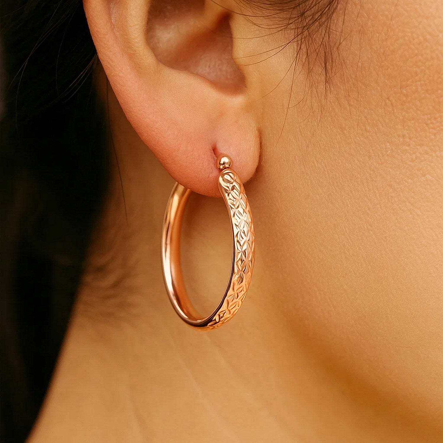 14k Rose Gold Hammered Oval Hoop Earrings