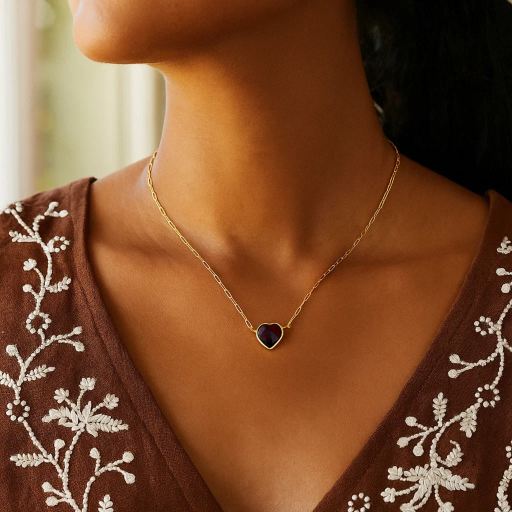 14K Yellow Gold Garnet Heart Necklace (1.50 mm)
