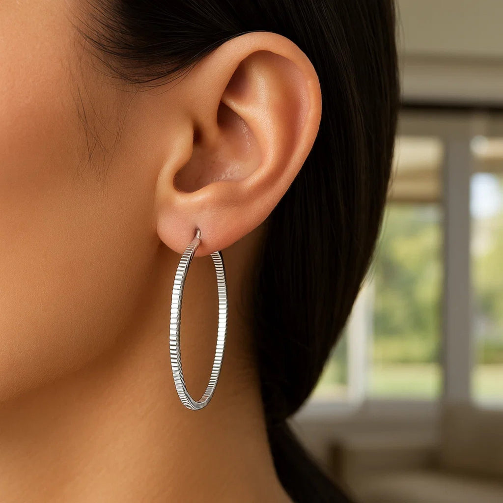 Ridge Textured Hoop Earrings in Sterling Silver(2x50mm)