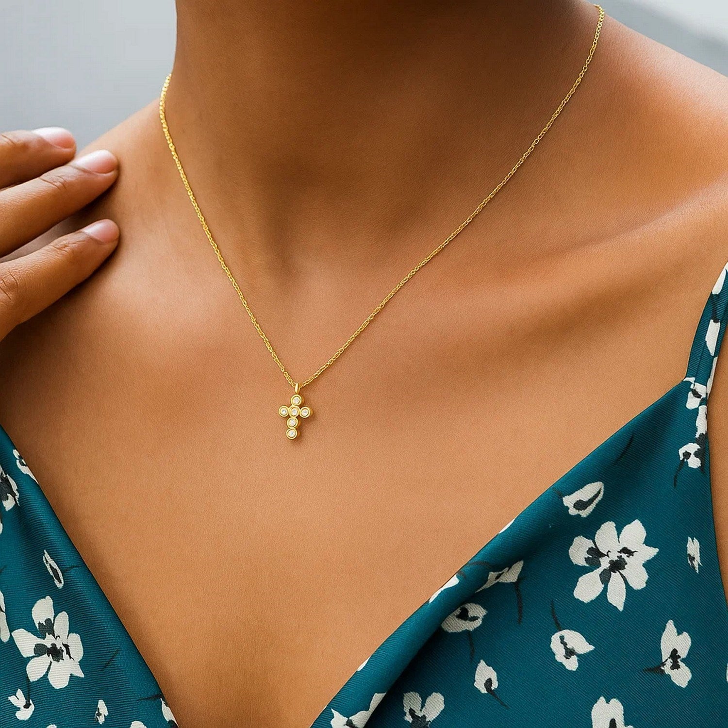14K Yellow Gold Petite Diamond Cross Necklace