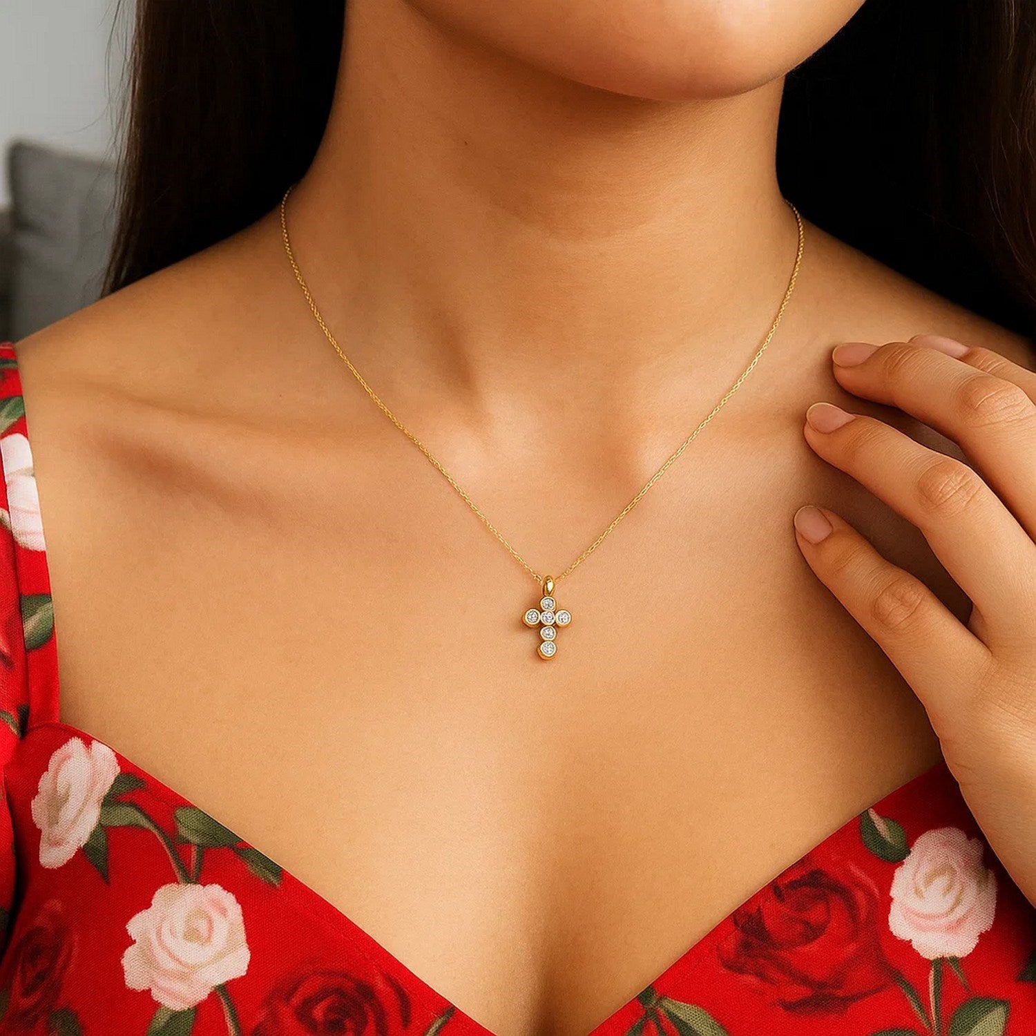 14K Yellow Gold Petite Diamond Cross Necklace