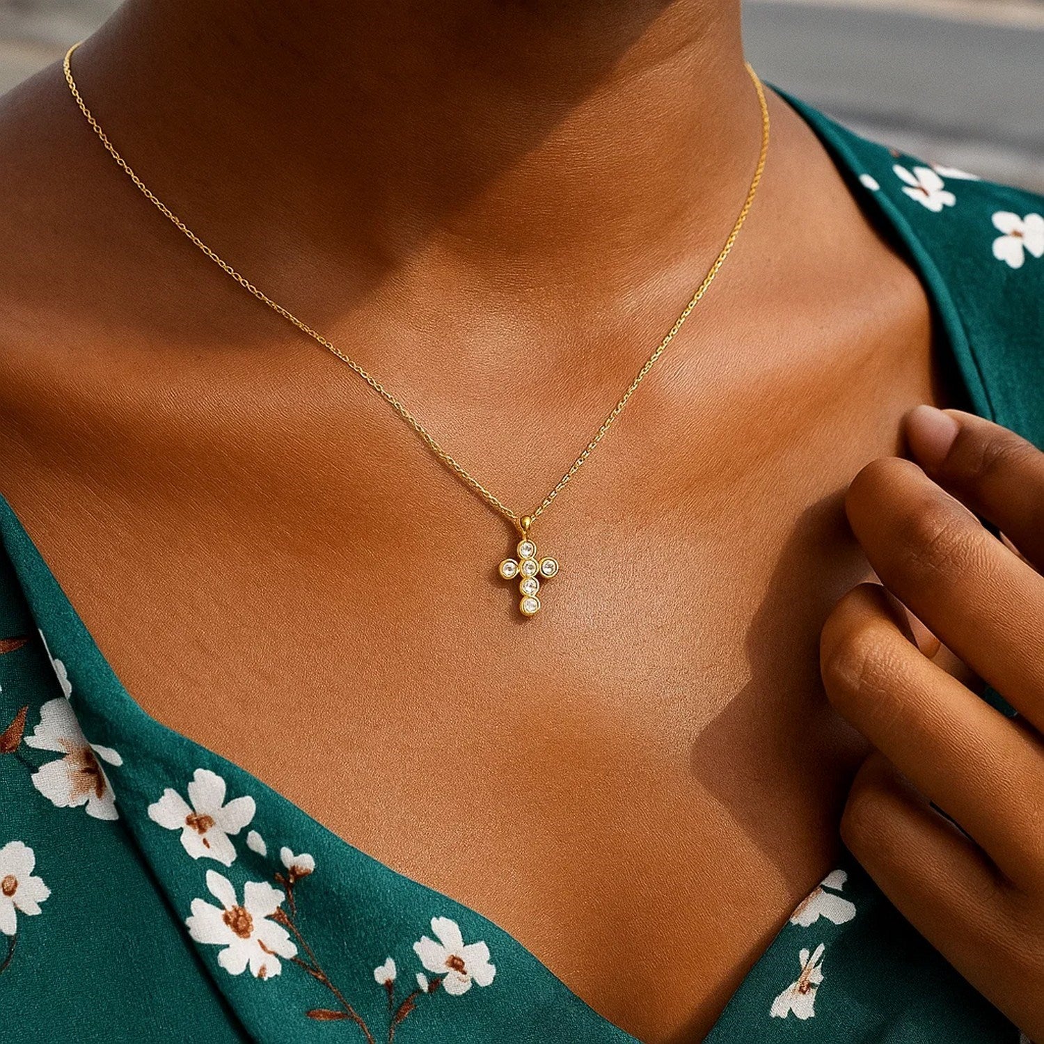 14K Yellow Gold Petite Diamond Cross Necklace