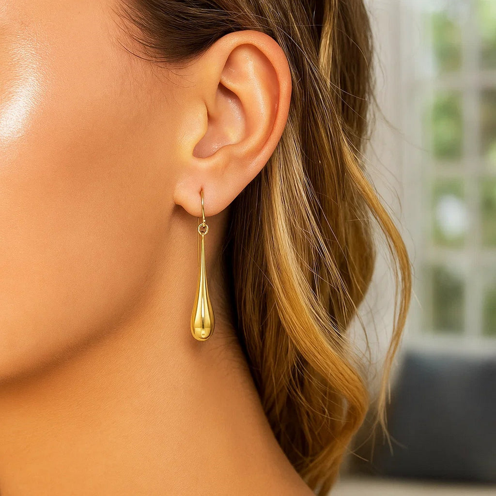 14k Yellow Gold Long Polished Teardrop Dangling Earrings