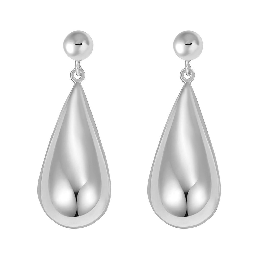 Sterling Silver Rhodium Plated Puffed Teardrop Dangle Earrings