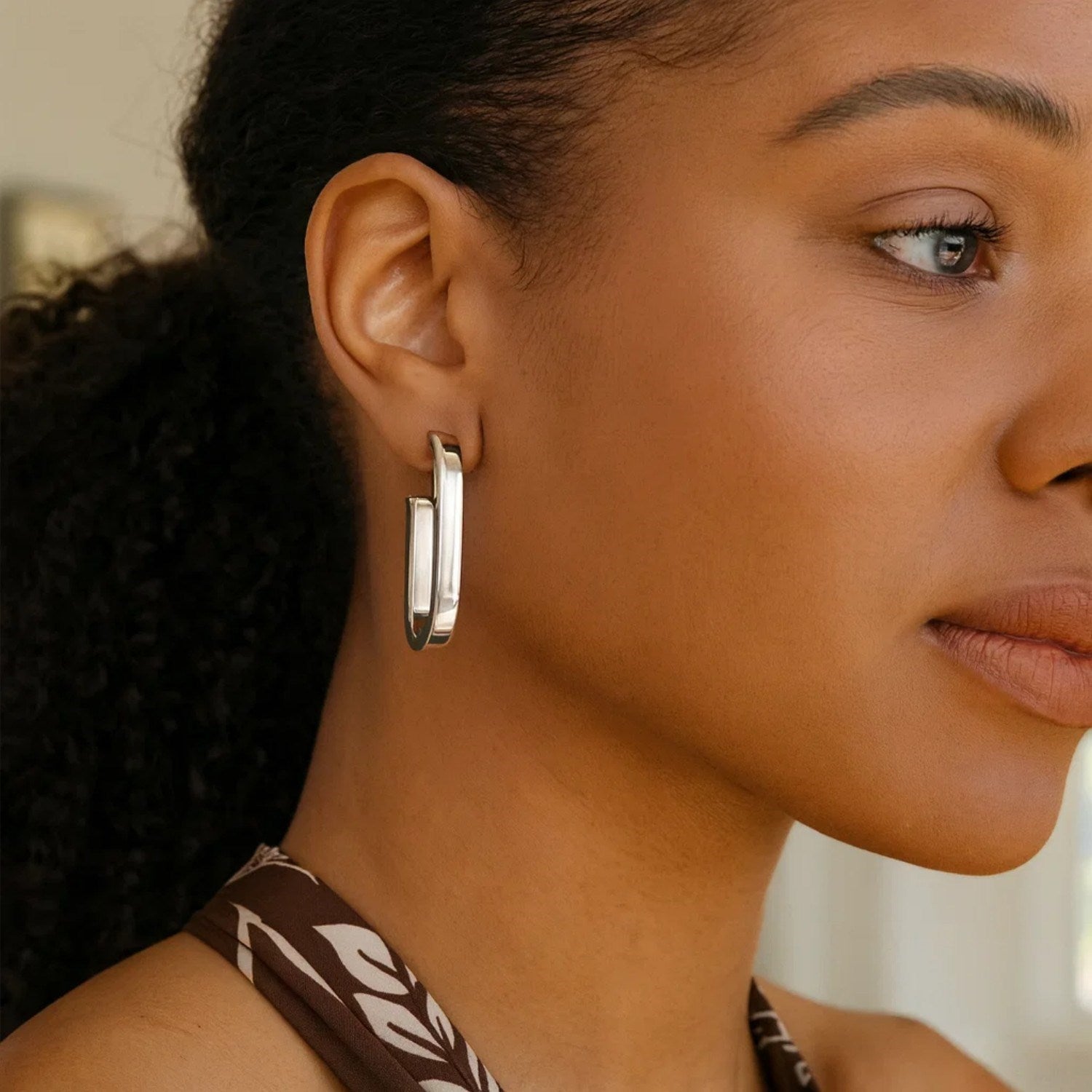 Sterling Silver Thick Oval Link C Hoop Earrings