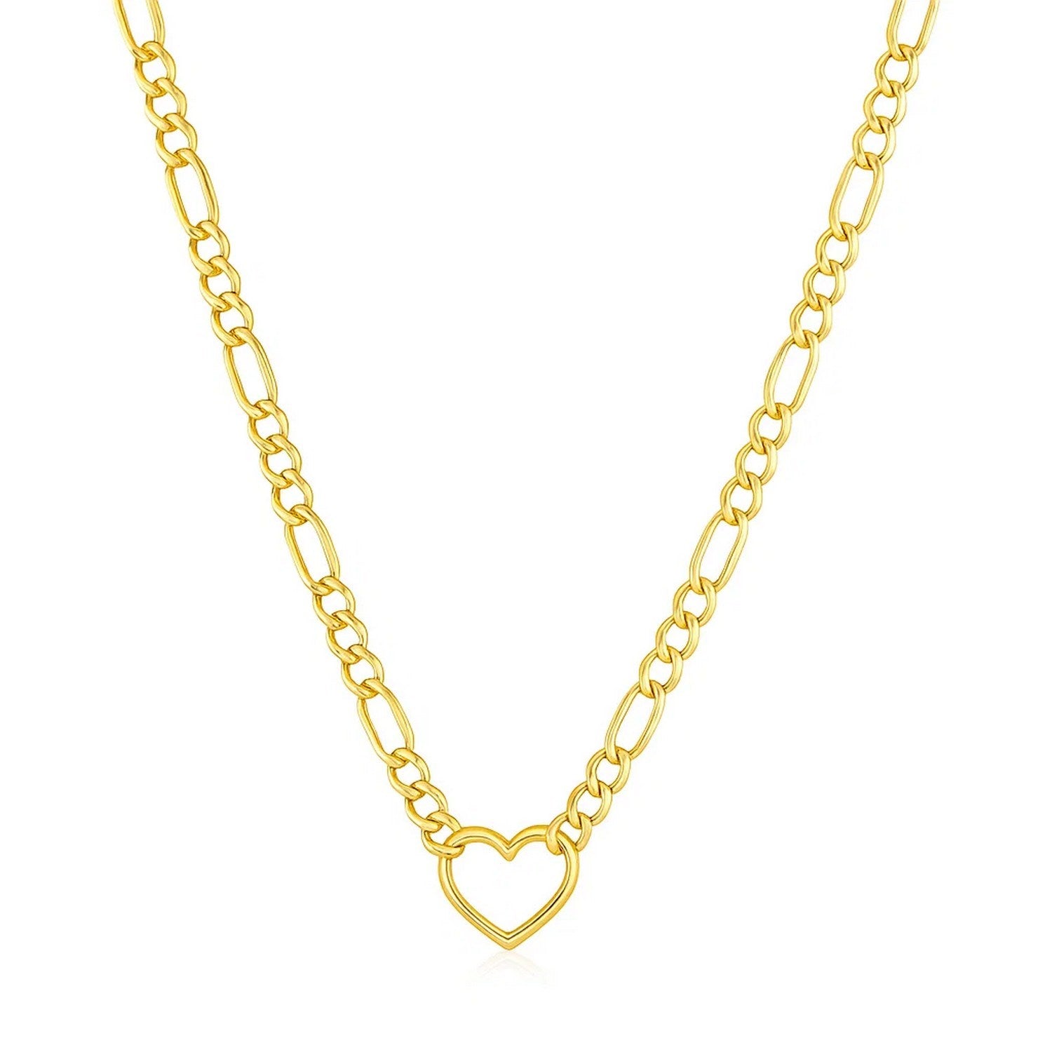 14k Yellow Gold Figaro Chain Necklace with Heart